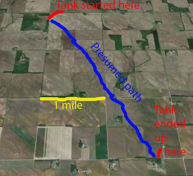 Google maps shot showing the path of the wayward tank