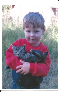 a three year old boy holding his favorite kitten