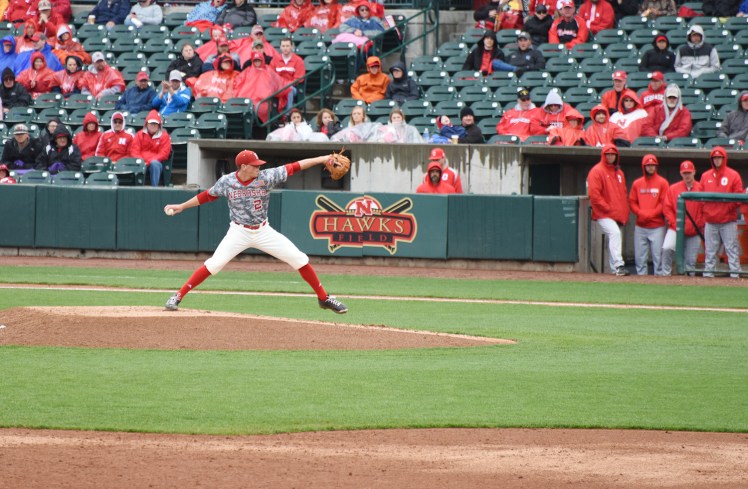 Derek Burkamper getting ready to release a pitch