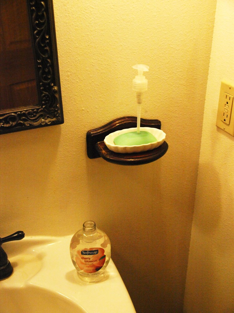 liquid soap where the spout has been removed and poked into a bar soap